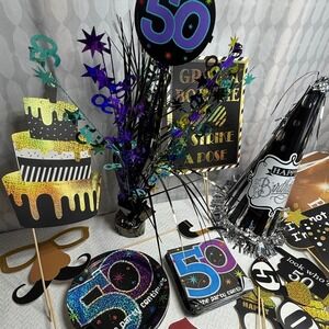 50th Birthday Party Decorations Photo‎ Booth Props Backdrop Centerpiece Black